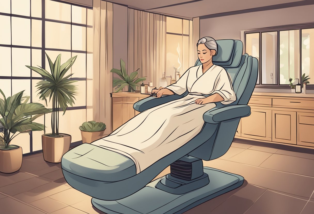 A serene spa setting with a reclining chair, soft lighting, and a medical professional administering a botox treatment to a client's face