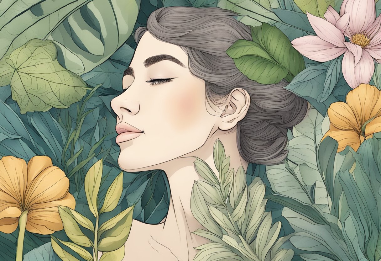 A serene, unblemished face and neck surrounded by botanical elements, suggesting the areas where Botox can be used