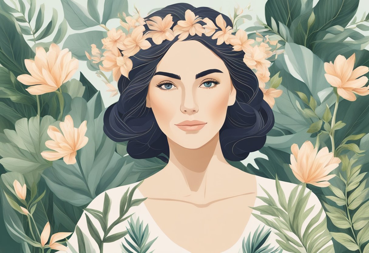 A serene woman with smooth, wrinkle-free forehead, surrounded by botanical elements, exuding confidence and contentment