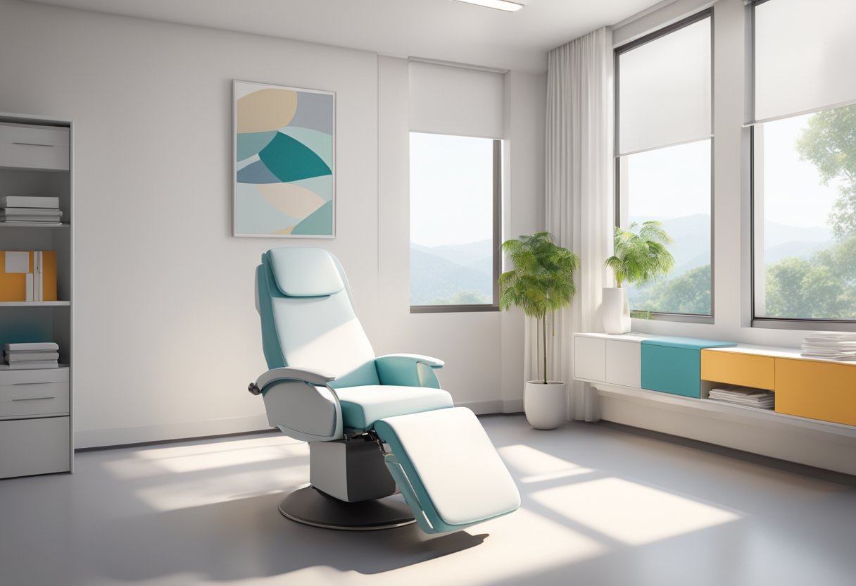 A serene, modern clinic room with a reclining treatment chair, clean white walls, and a professional, inviting atmosphere