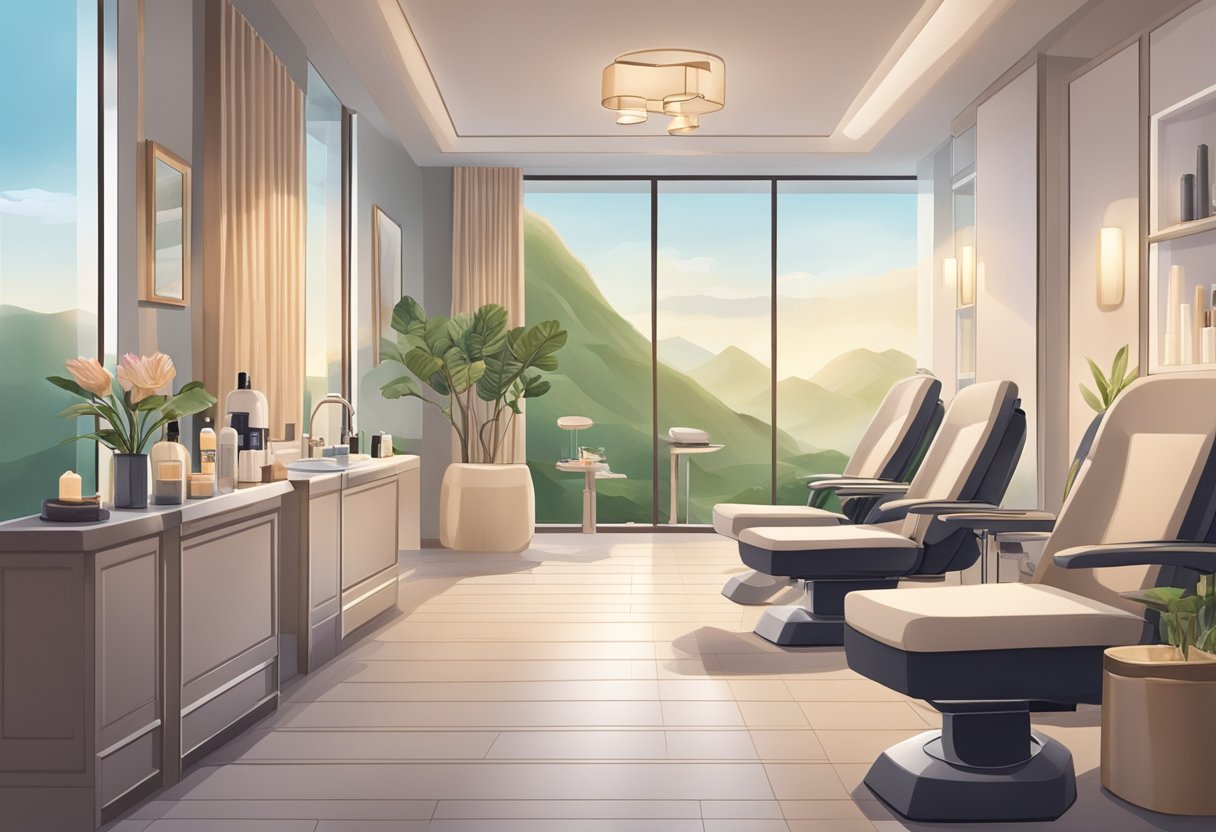 A serene spa setting with a clean, modern treatment room featuring a comfortable treatment chair and a professional skincare technician preparing and providing aftercare for a Botox treatment