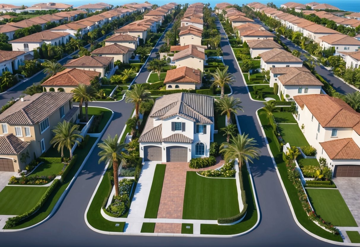 Aerial view of manicured lawns, palm-lined streets, and luxurious homes within the gated communities of Orange County, CA