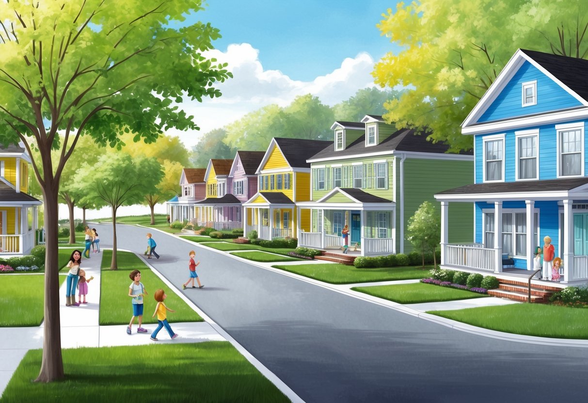 A sunny, tree-lined street winds through a peaceful gated community, with colorful houses and neatly manicured lawns. Children play in the park while parents chat on their front porches