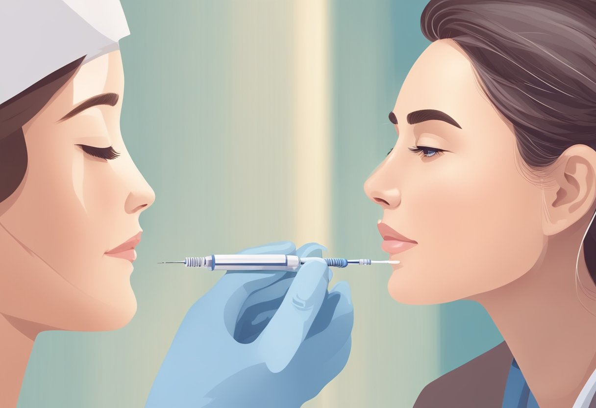 A serene, youthful face receiving a gentle injection from a medical professional in a clean, modern clinic setting