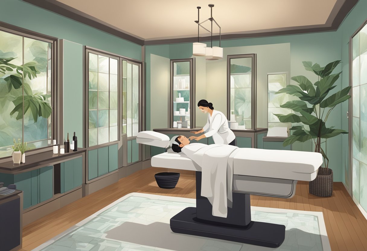 A serene spa room with a table set up for a Botox treatment, featuring a professional administering the injections to a client's face