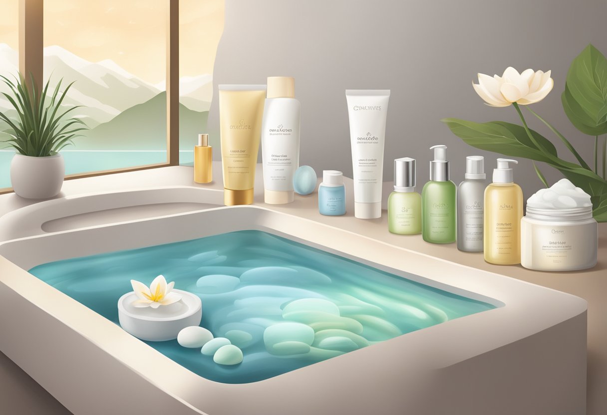 A serene spa setting with a focus on skincare products and treatments, featuring a display of anti-aging creams and a serene atmosphere