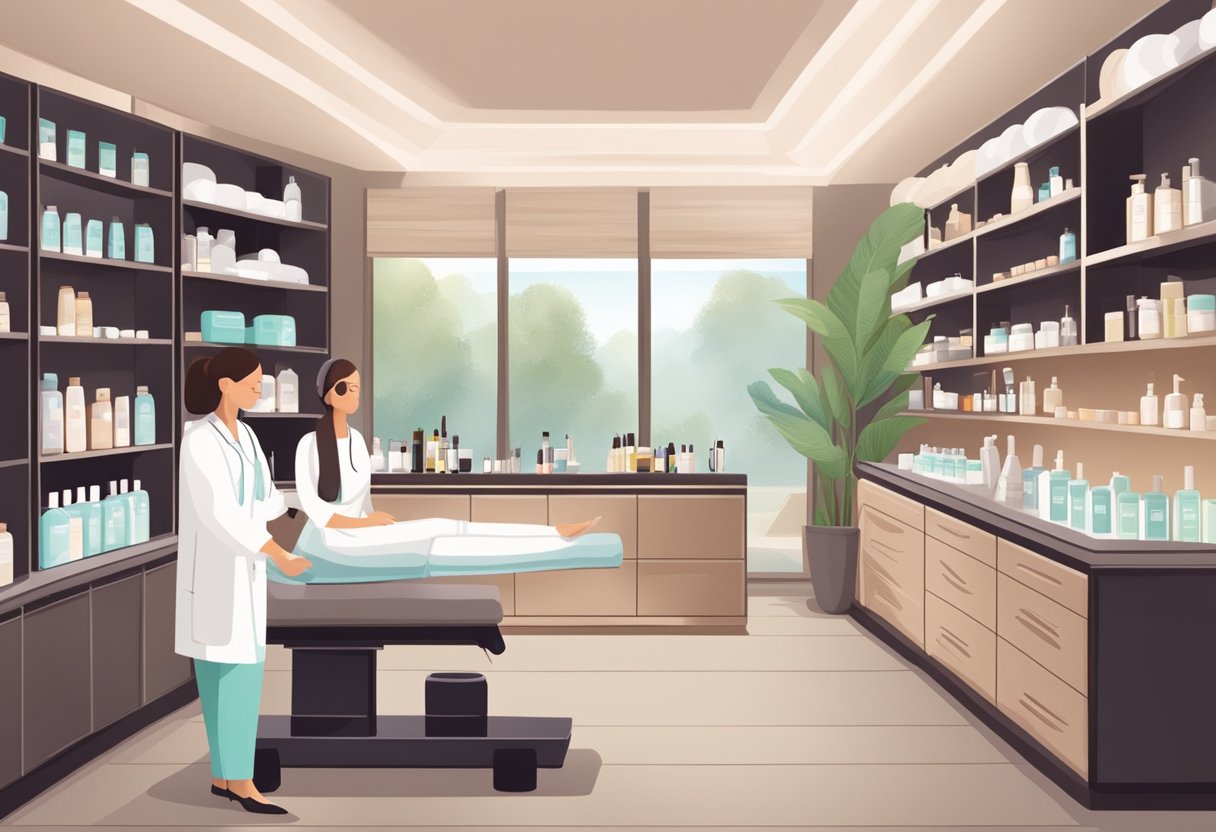 A serene spa room with a doctor discussing Botox procedures with a client. Various skincare products and equipment are neatly organized on shelves