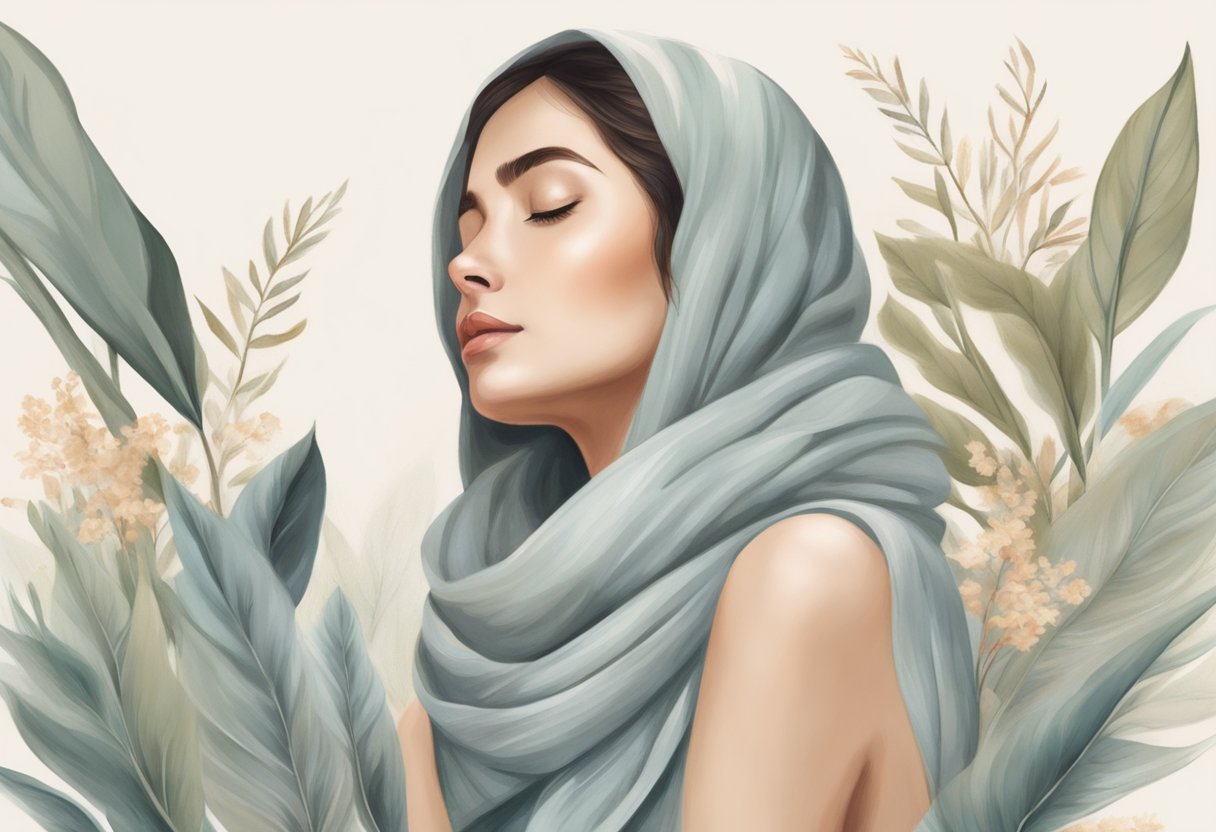 A serene woman's neck, with smooth and tightened skin, framed by a delicate scarf and surrounded by soft, natural elements