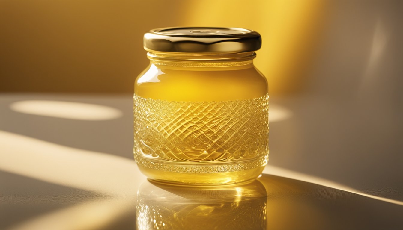 Pure ghee in glass jar, golden swirls and ripples, sunlight highlights translucent layers and air bubbles, mesmerizing pattern