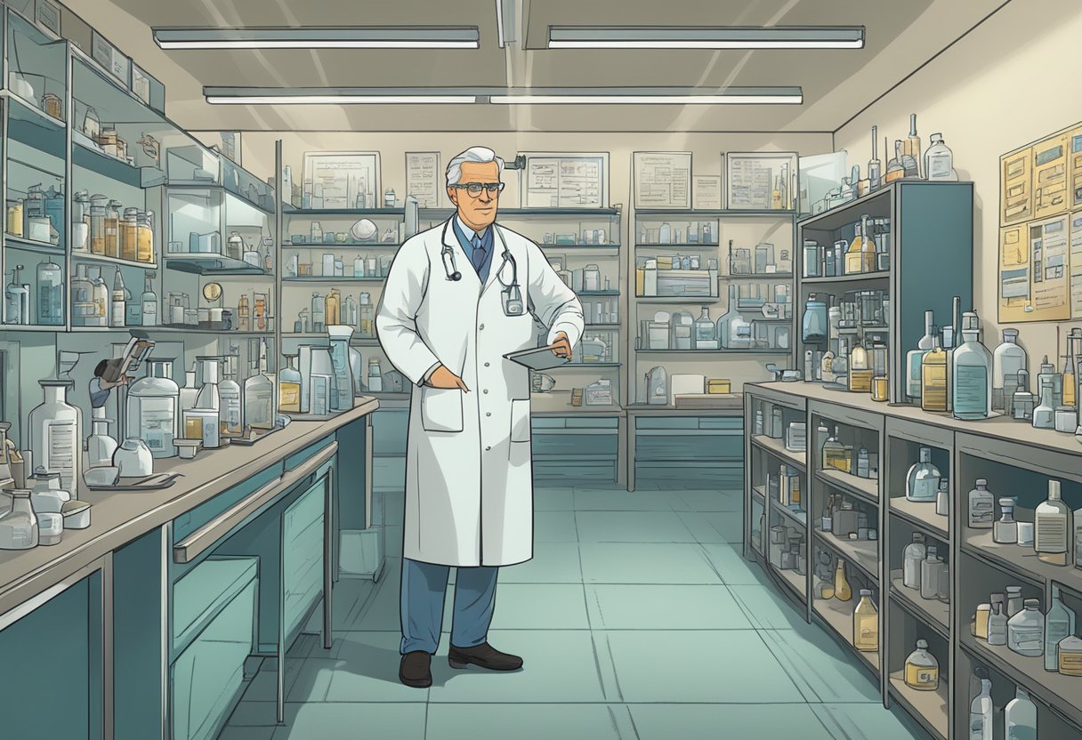 A scientist in a lab, surrounded by medical equipment and vials labeled "Botox." Safety signs and historical images line the walls