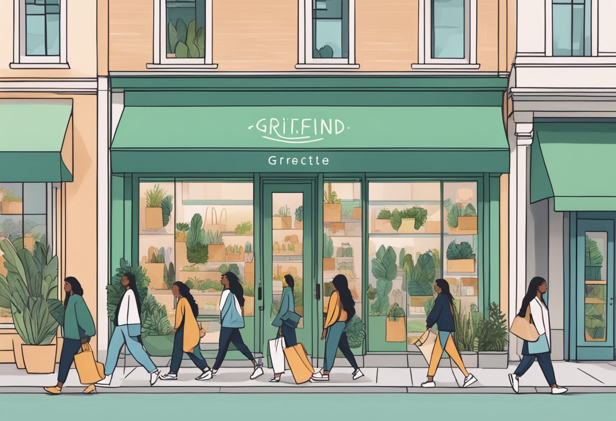 A bustling city street with a modern, eco-friendly storefront displaying the "Girlfriend Collective" logo. People walk by, some carrying reusable bags