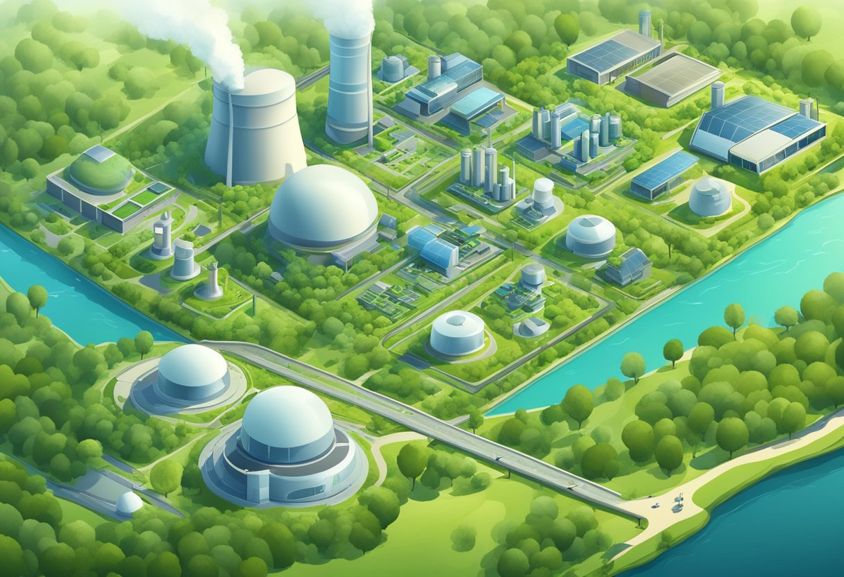 A bustling industrial city with eco-friendly factories and renewable energy sources, surrounded by lush greenery and clean air