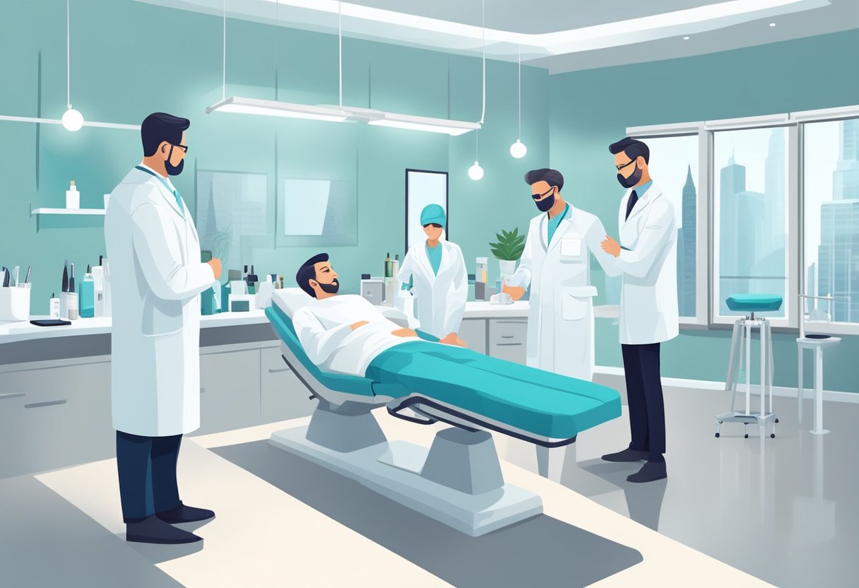 A group of men in a sleek, modern clinic, receiving Botox injections from a professional in a white coat. The room is bright and sterile, with a calming atmosphere