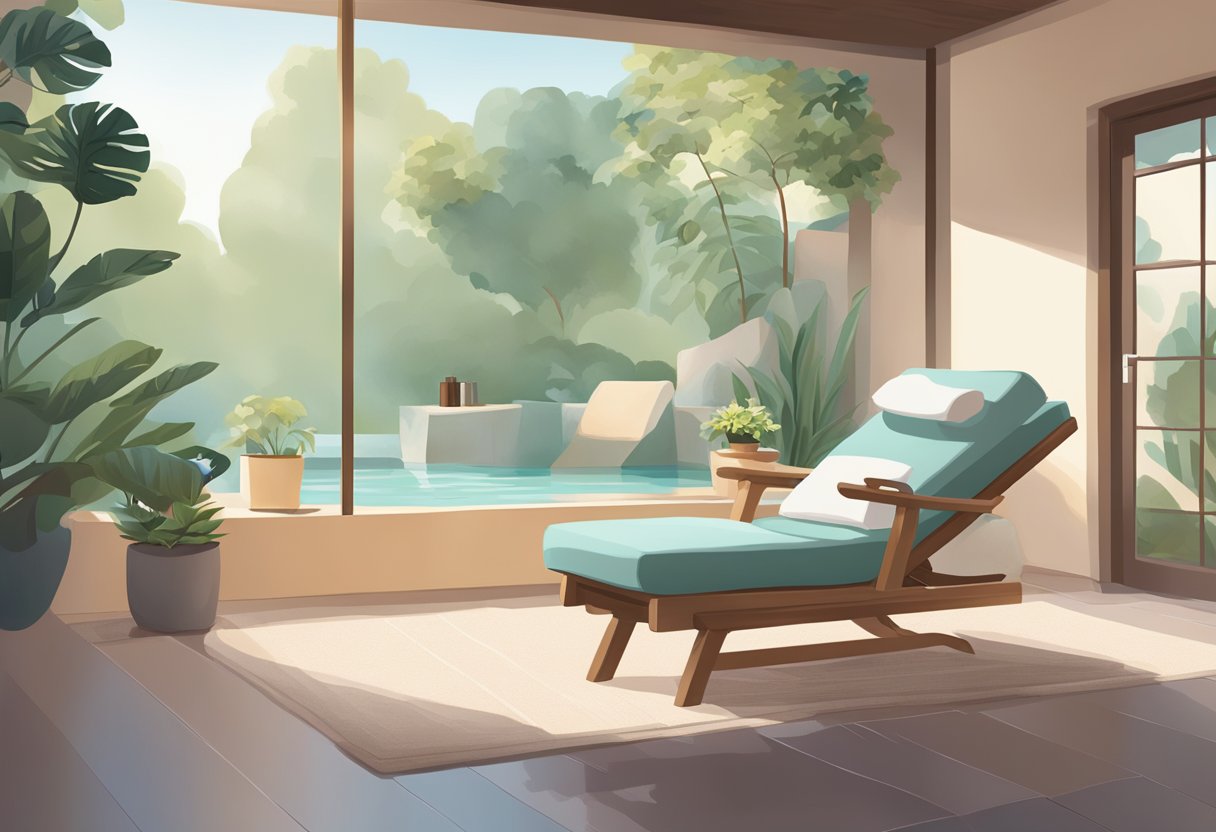 A serene, spa-like setting with a reclining chair, soft lighting, and a calming color palette