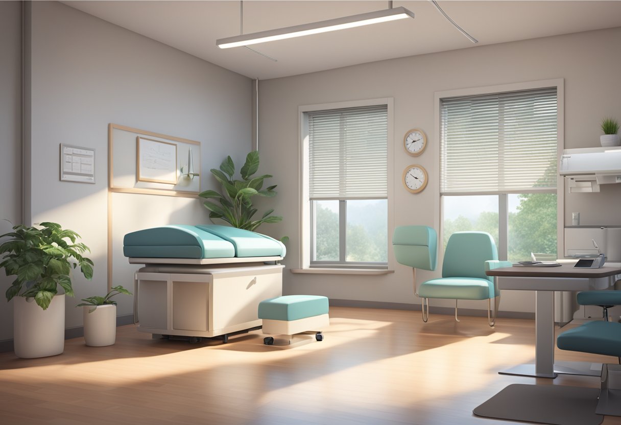 A serene and modern medical office with a comfortable treatment chair, soft lighting, and a calming atmosphere