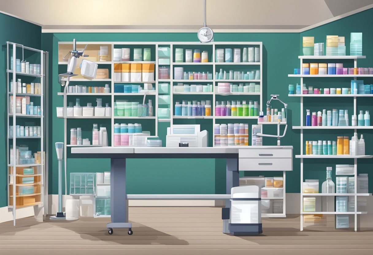 A doctor's office with shelves of medical supplies, a table with syringes, and posters of facial anatomy