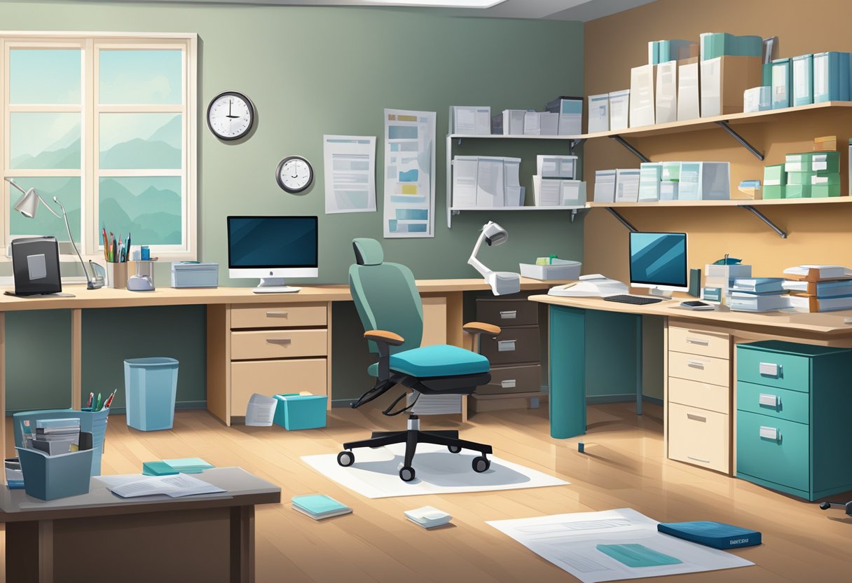 A doctor's office with a desk cluttered with medical papers and a computer, a patient chair, and a shelf filled with medical supplies and equipment