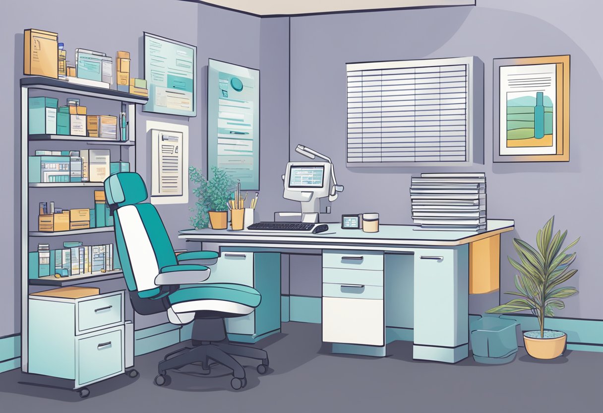 A doctor's office with a desk, computer, and medical supplies. A brochure rack displays informational pamphlets about Botox