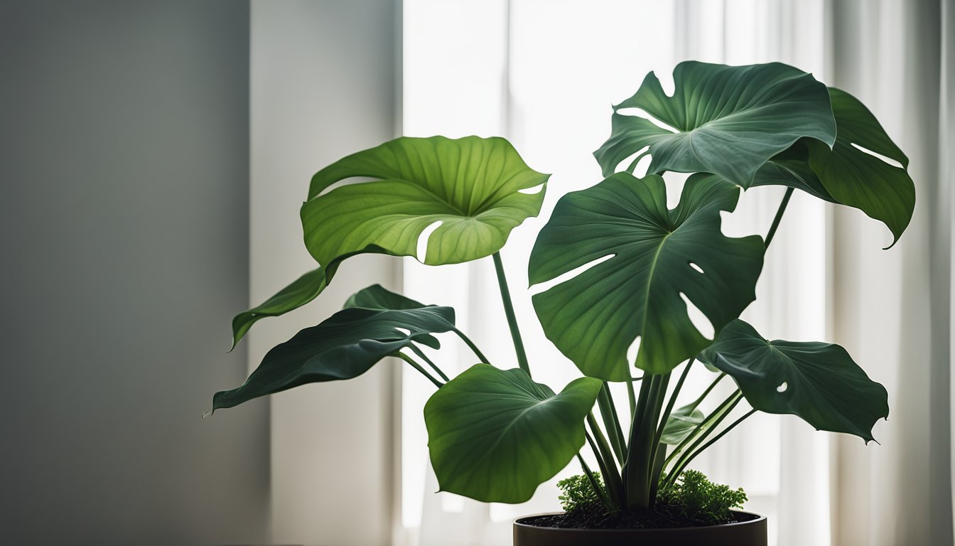 Alocasia leaves in varying pots create layers on white walls, soft light illuminating their dramatic silhouettes. Nearby, a low wooden meditation platform with neutral cushions awaits