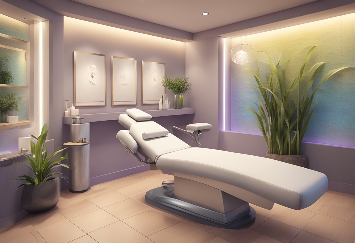 A serene spa room with soft lighting, a comfortable treatment chair, and a before-and-after display of Botox results on the wall