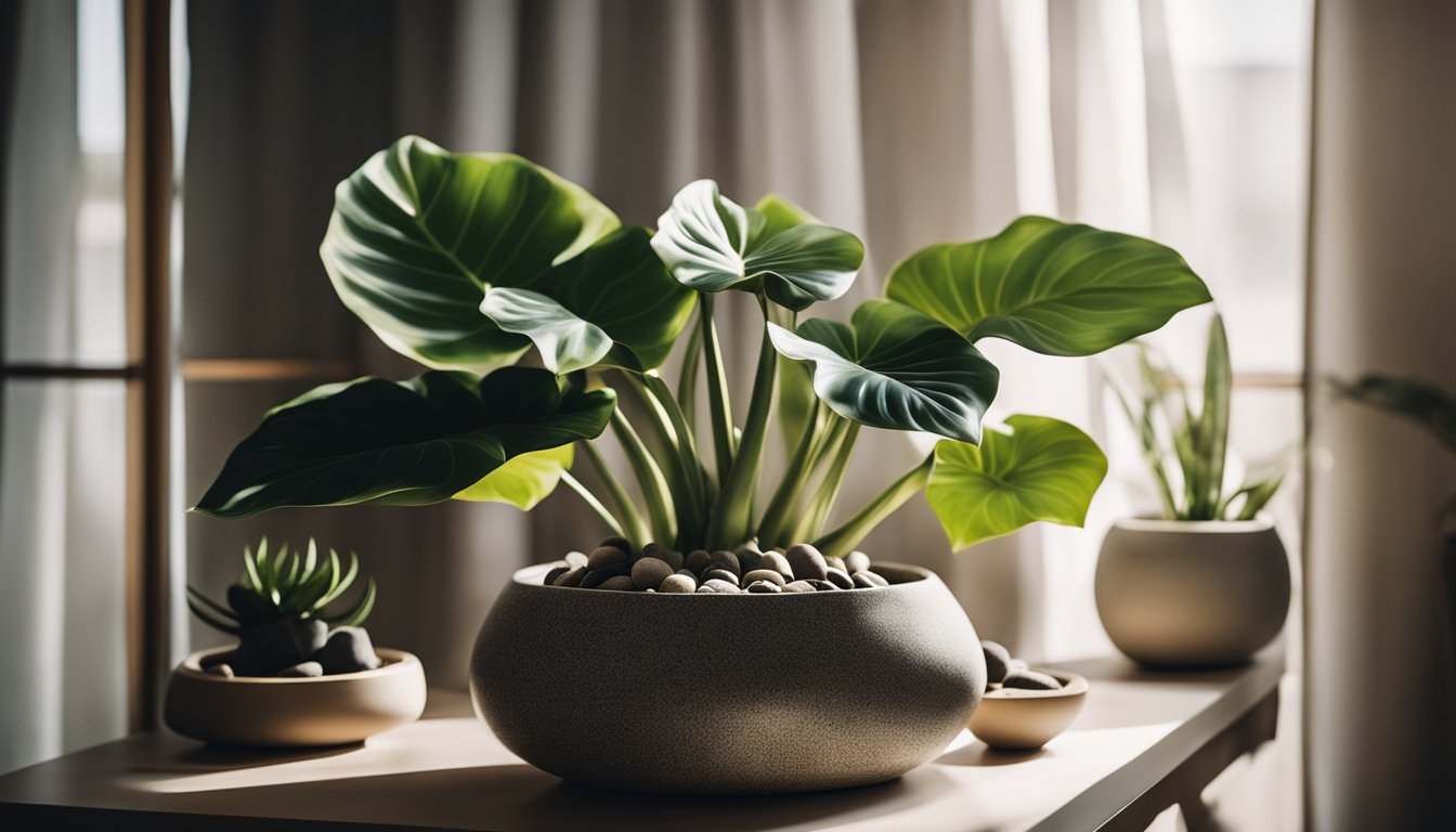 An intimate plant nook with Alocasia varieties in modern pottery, surrounded by river stones and incense holder. Sheer curtains filter dreamy light