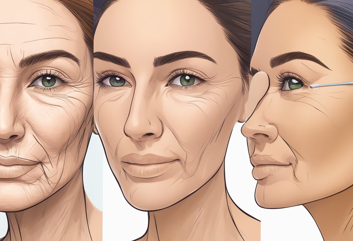 A woman's face with deep frown lines before, and smooth, wrinkle-free skin after Botox treatment