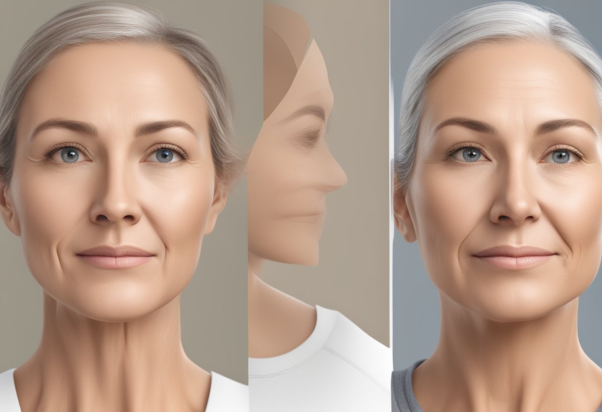 A serene face with a deep frown line before, and a smooth, youthful appearance after Botox treatment