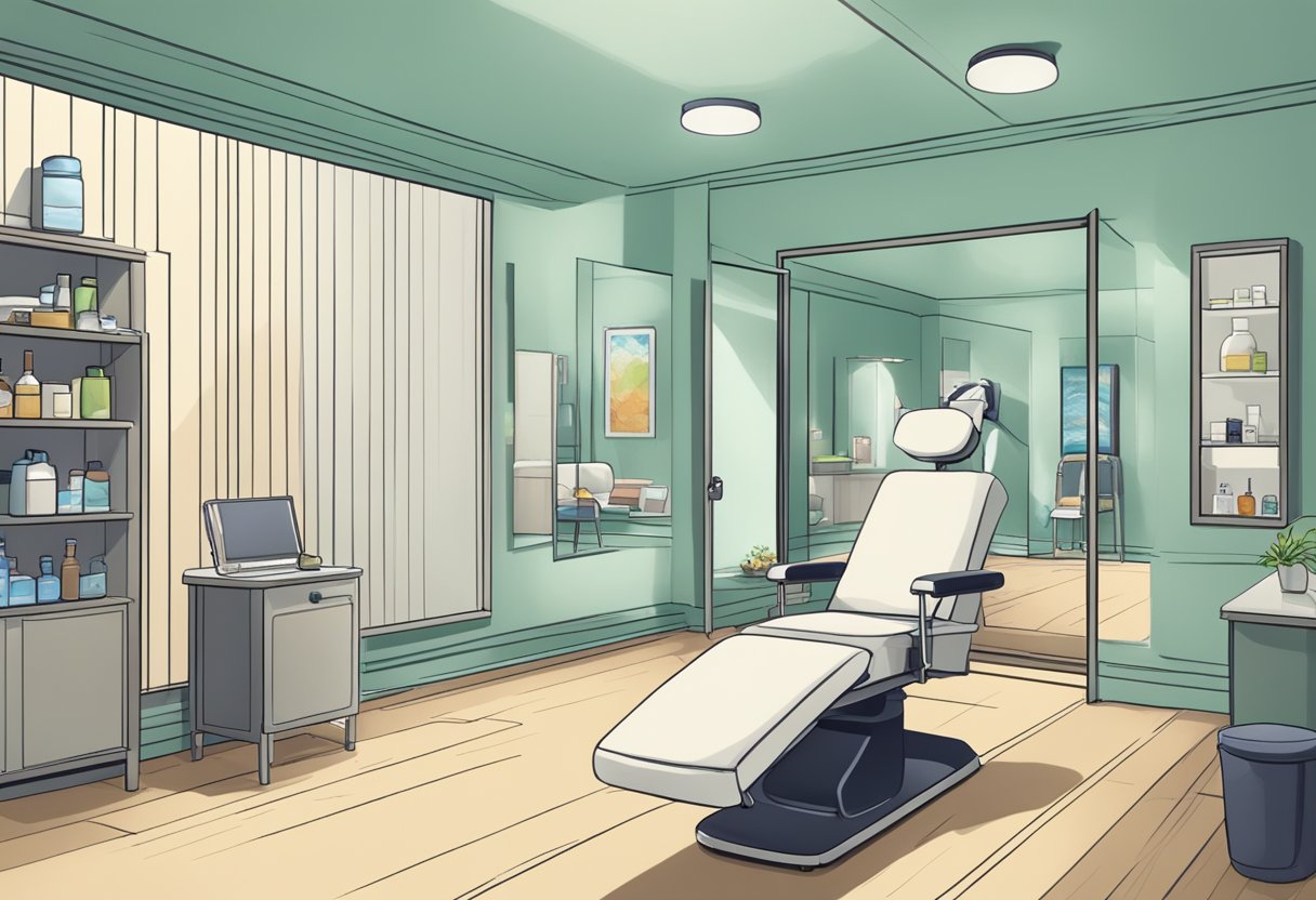 A serene treatment room with a reclining chair, medical supplies, and a mirror reflecting a smooth, youthful forehead