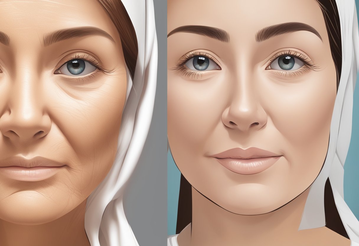 A woman's face with deep marionette lines, then smooth, youthful skin after Botox treatment