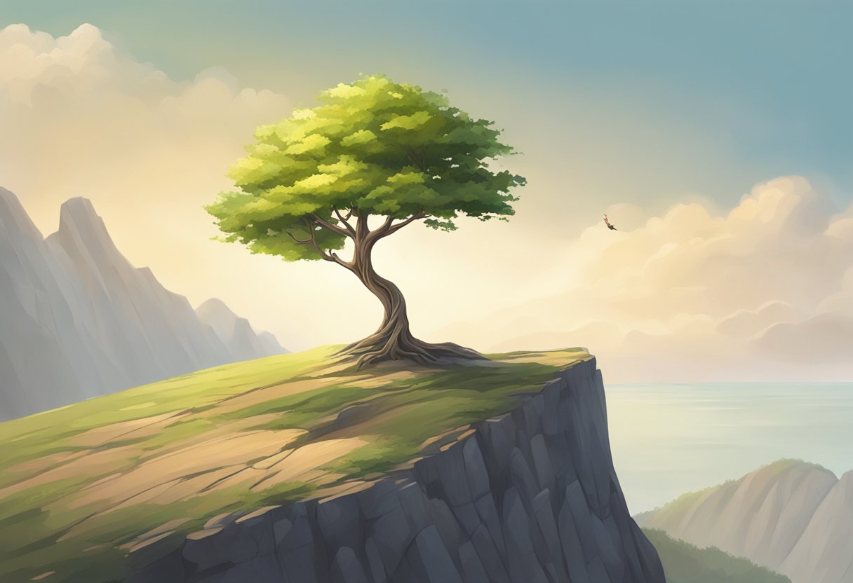 A lone tree stands on a cliff, releasing a single leaf into the wind