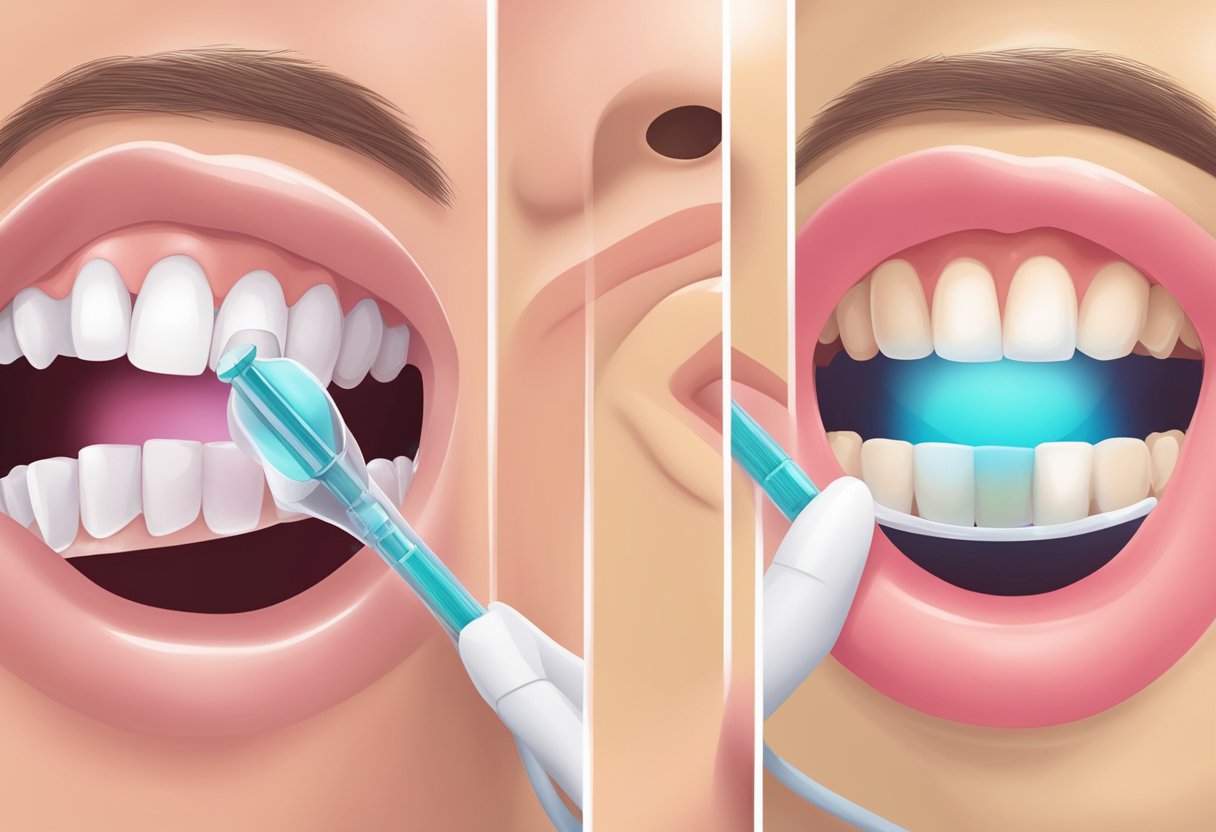 A person with a gummy smile receiving a Botox injection, followed by a transformed smile with reduced gum visibility