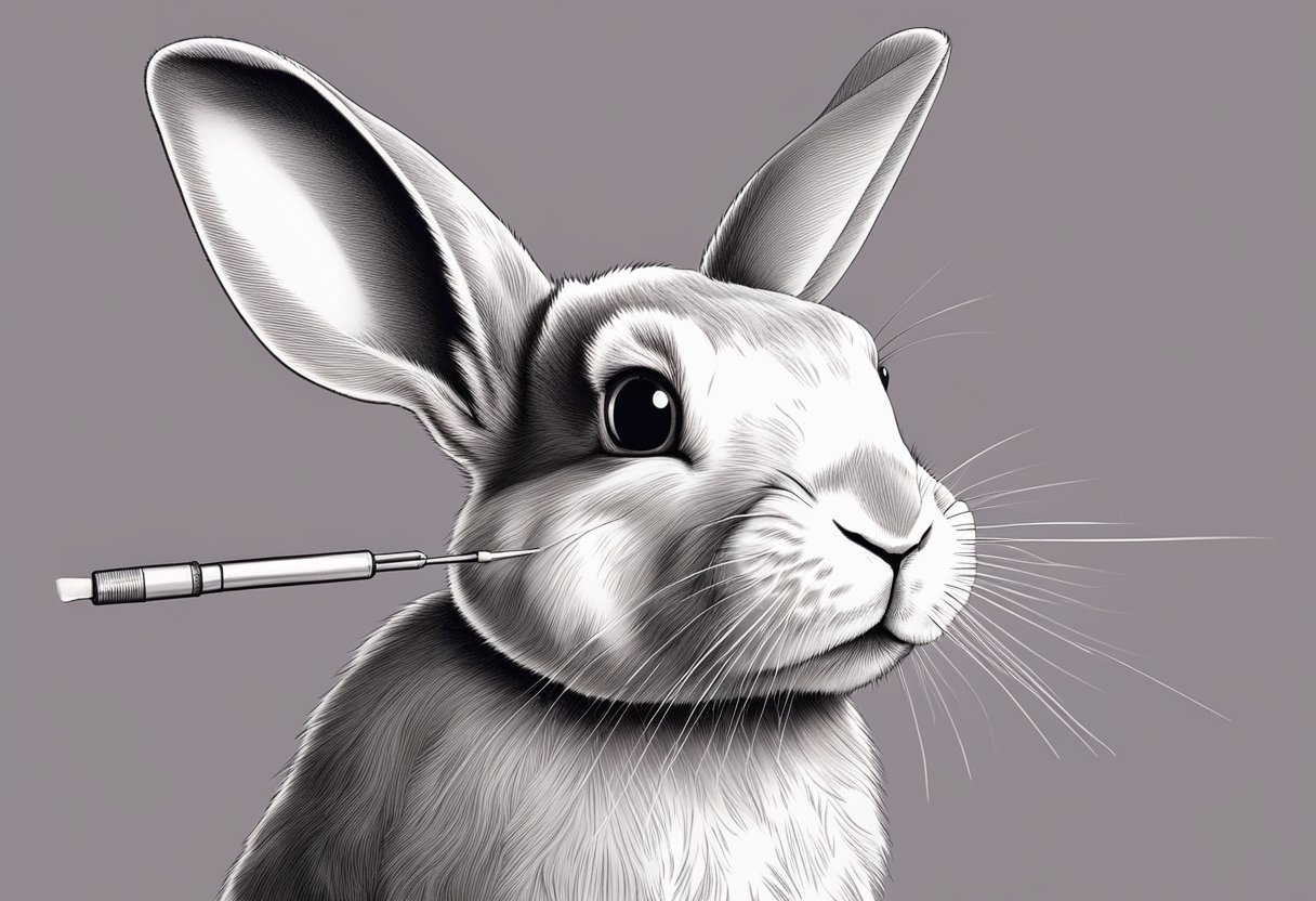 A rabbit with subtle wrinkles on its nose, receiving a Botox injection from a tiny, specialized syringe