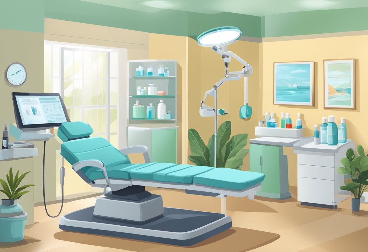 A serene, spa-like setting with a reclining treatment chair, a tray of medical supplies, and a professional administering Botox injections to a patient's under-eye area