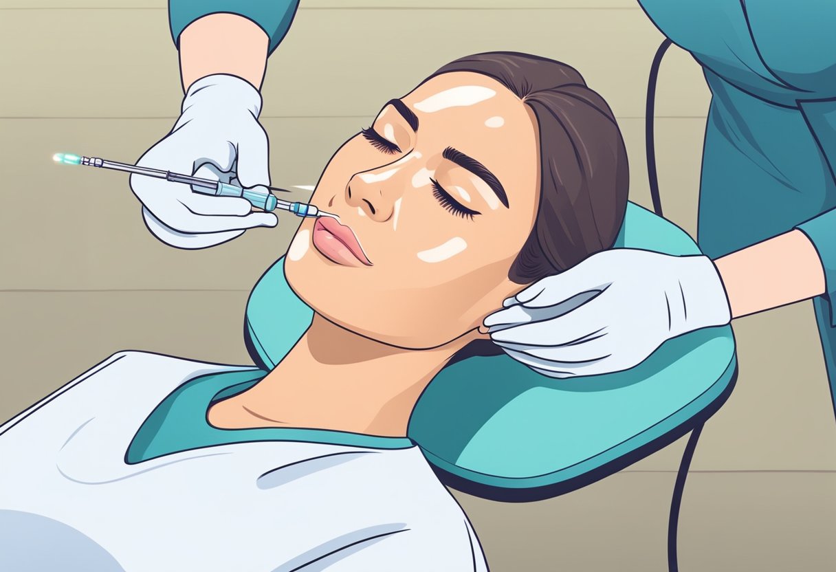 A person's chin with dimples being injected with botox by a medical professional in a sterile and well-lit clinic room