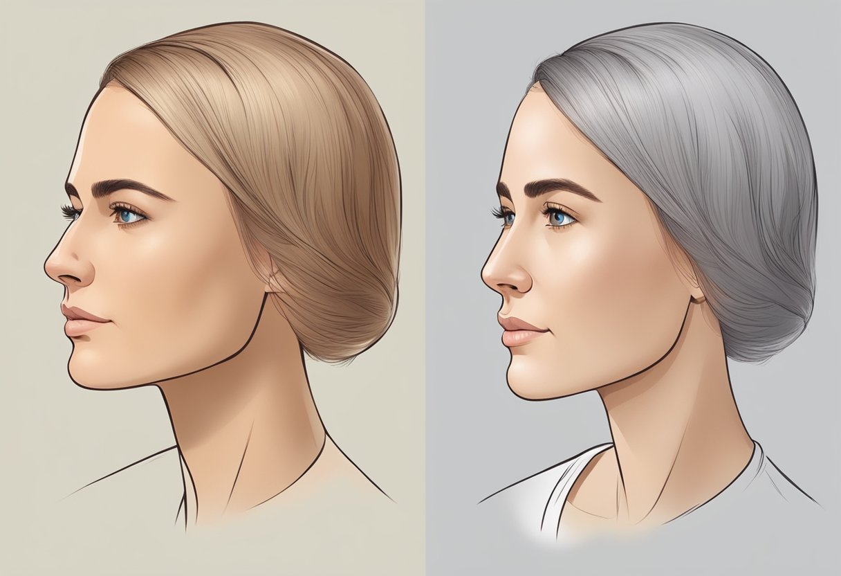 A person with a clenched jaw before, and a relaxed, contoured jawline after Botox treatment