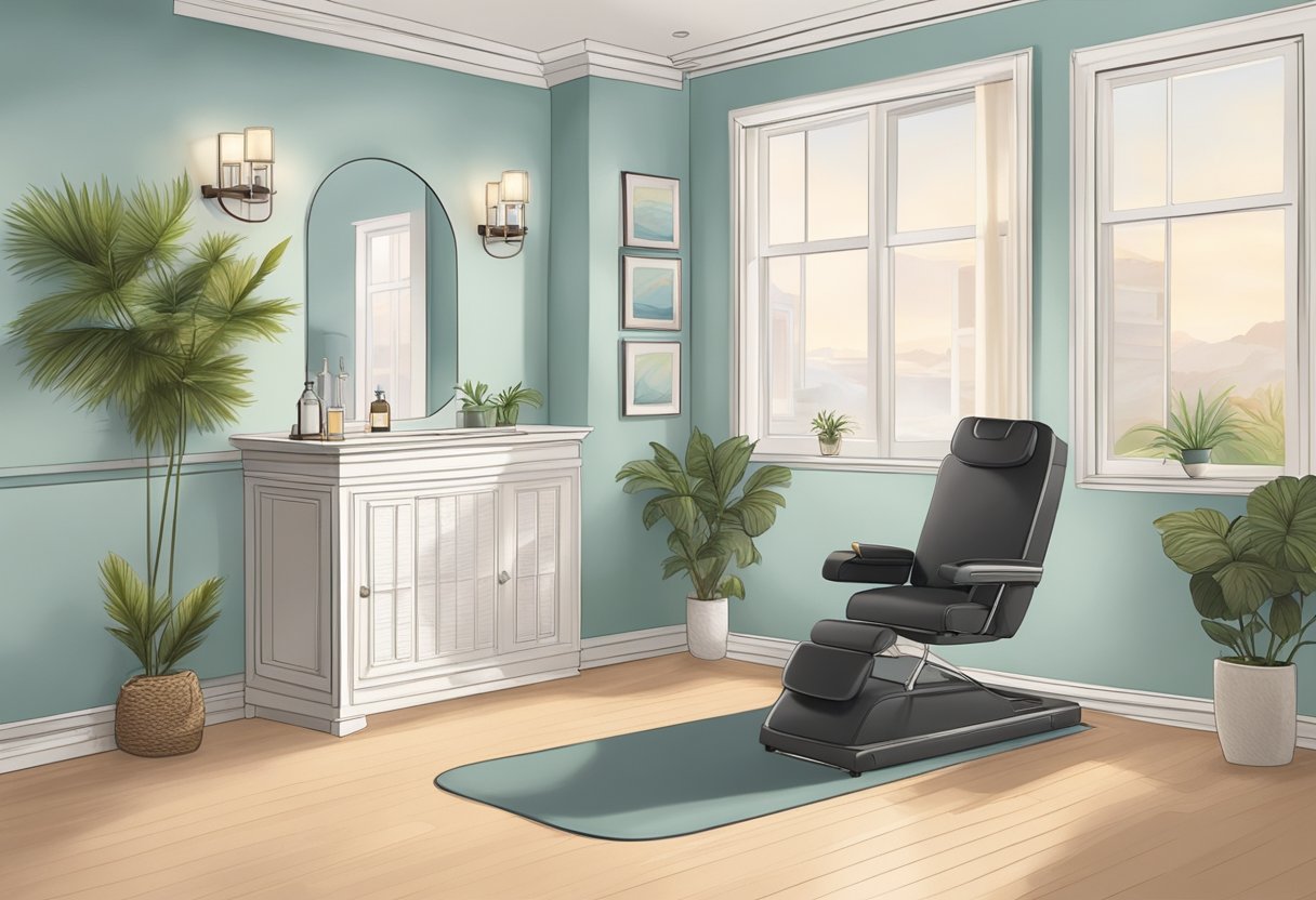 A serene spa-like setting with a reclined treatment chair, soft lighting, and a calming atmosphere. A before-and-after display of jawline contouring results is prominently featured