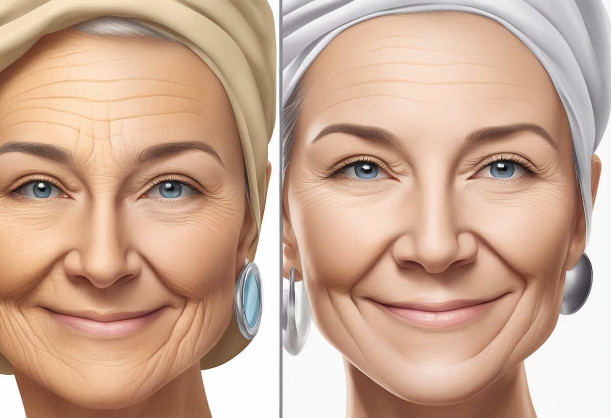 A woman's face with crow's feet and smile lines before and after Botox treatment