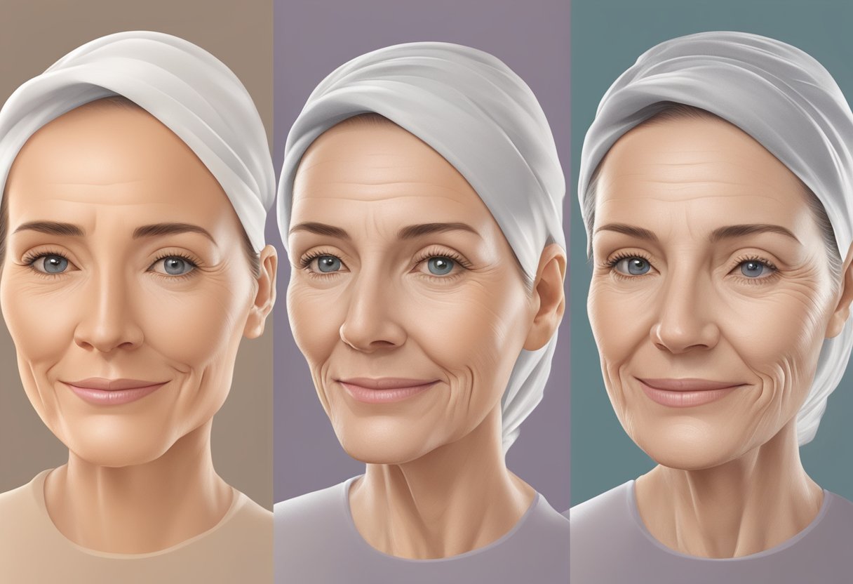 A woman's face with nasolabial folds before and after botox treatment, showing smoother skin and reduced wrinkles