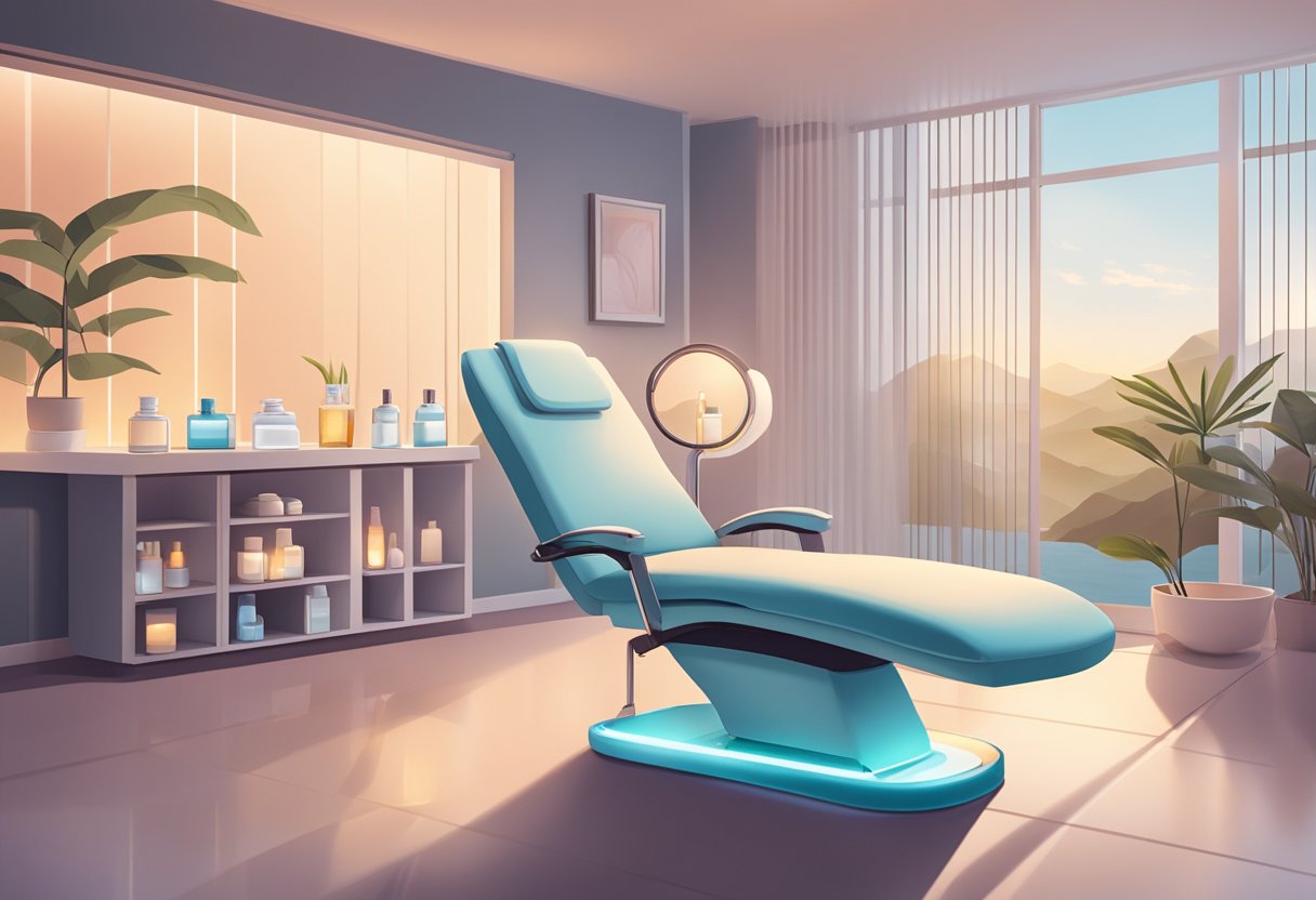 A serene spa room with a reclining treatment chair, soft lighting, and a table holding Botox vials and medical supplies