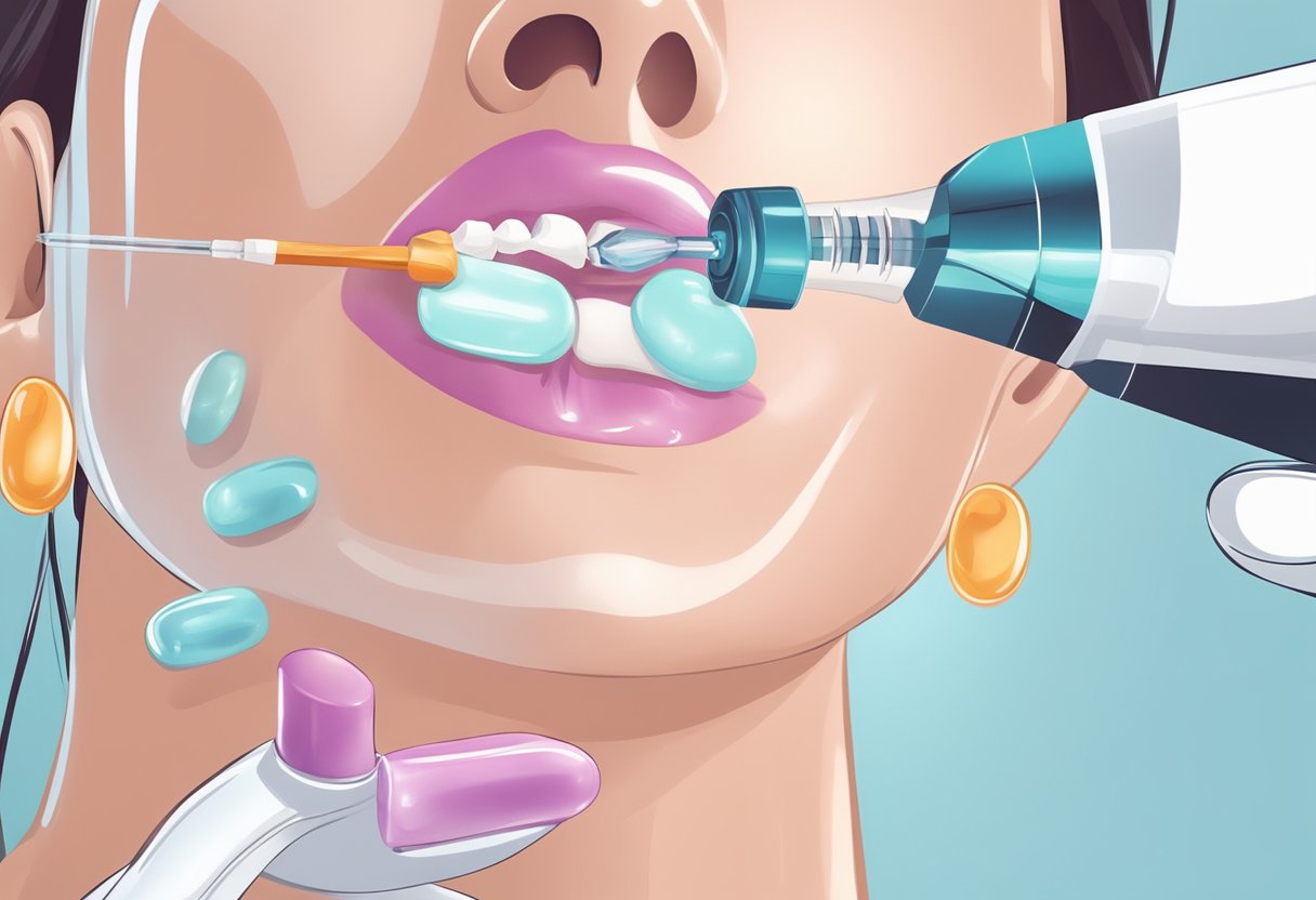 A close-up of a syringe injecting into the skin near the mouth, with a background of skincare products and a mirror reflecting smooth skin