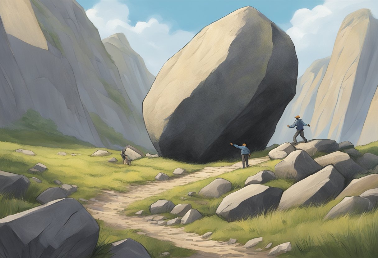 A lone figure pushes a heavy boulder uphill, while others watch and point fingers from below