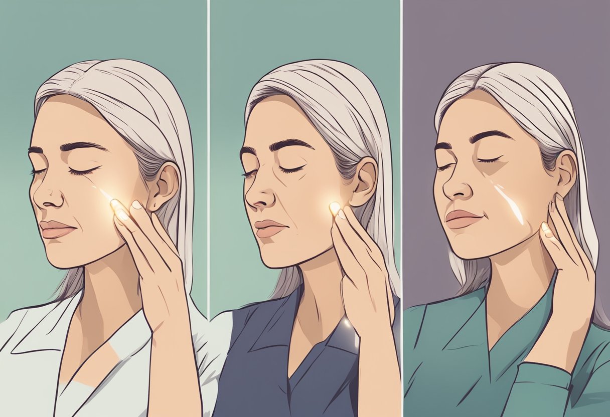 A serene, dimly lit room with a before and after comparison of a migraine sufferer's facial expression, showing relief and relaxation after Botox treatment