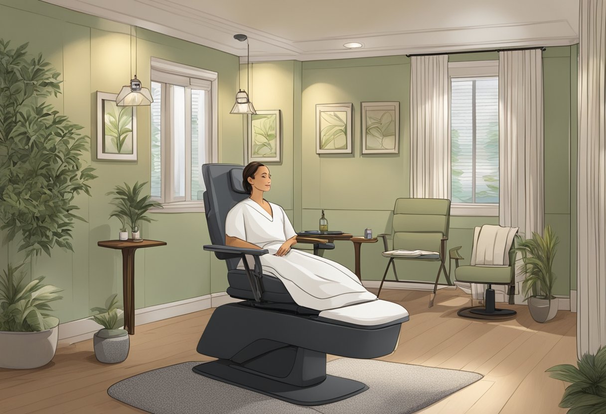 A serene spa room with a reclining chair, a professional administering botox to a relaxed client's jawline, with before and after photos displayed