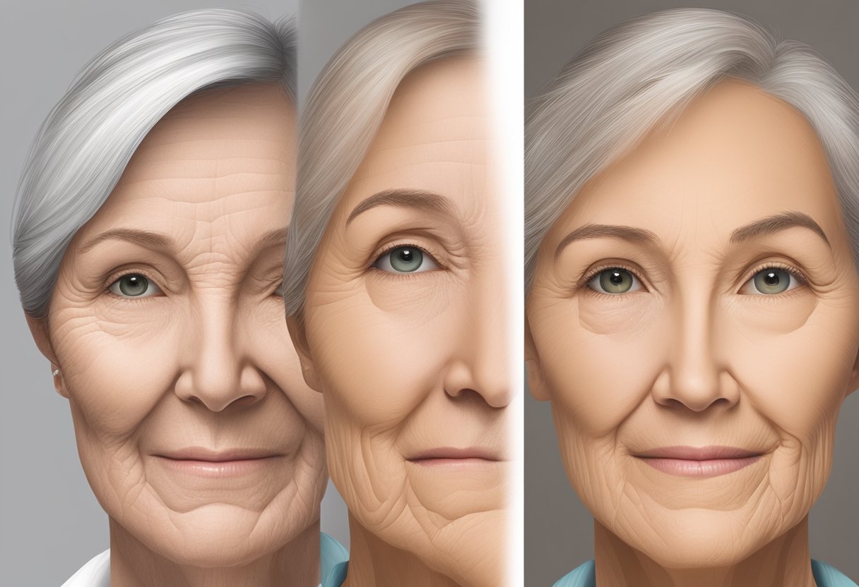 A woman's face shown in two images, one before and one after Botox treatment. The before image shows wrinkles and sagging, while the after image shows a smoother, more youthful appearance