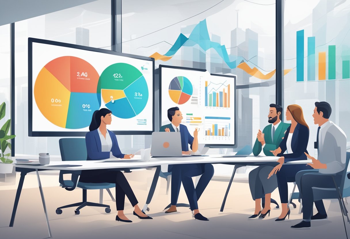 A group of insurance agents discussing marketing strategies in a modern office setting with charts and graphs displayed on a large presentation screen