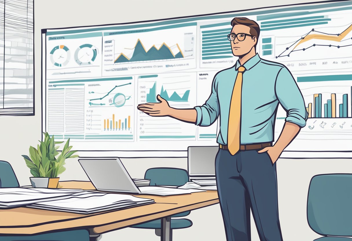 An insurance agent standing confidently in front of a whiteboard filled with charts, graphs, and bullet points outlining their robust marketing plan