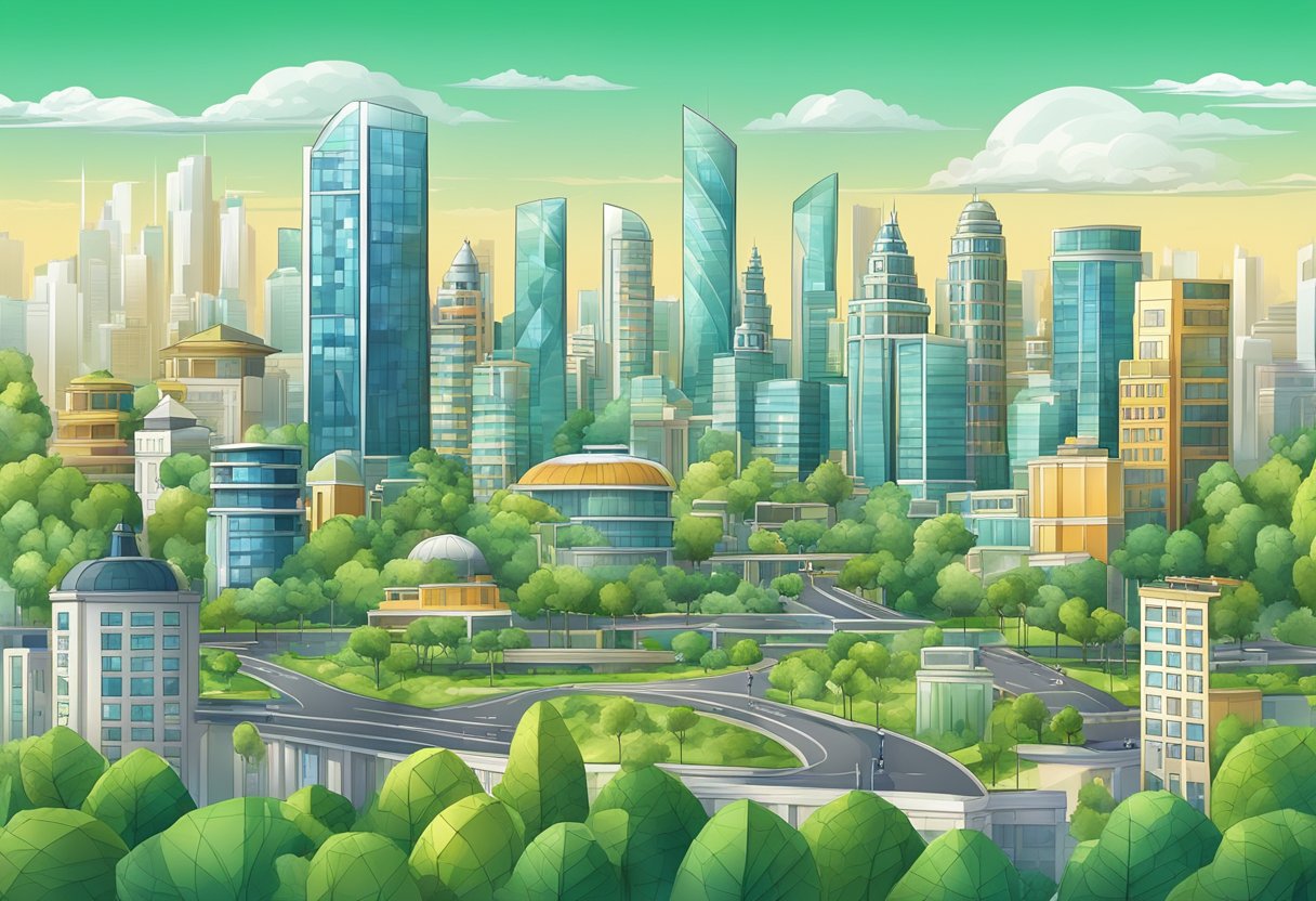 A modern city skyline with iconic buildings and unique architectural designs, surrounded by green spaces and vibrant neighborhoods