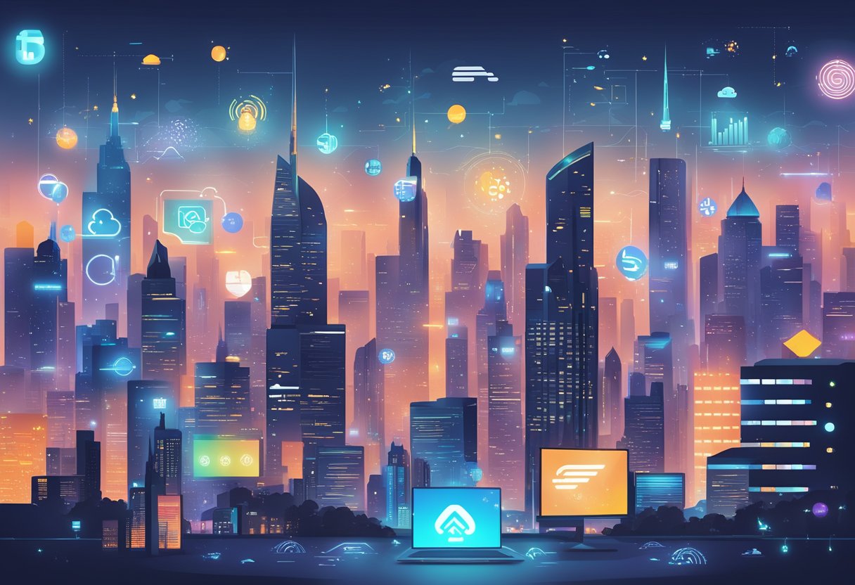 A bustling city skyline with various fintech logos and symbols floating in the air, surrounded by digital screens displaying data and graphs