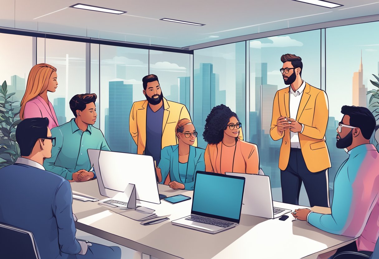 A group of diverse people discussing financial technology in a modern office setting