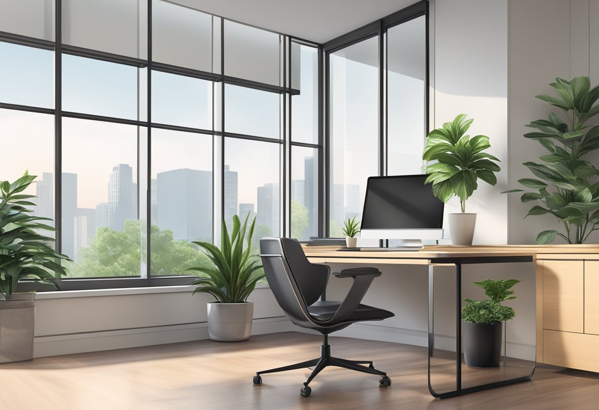 A sleek, modern office desk with a computer, notebook, and pen. A large window lets in natural light, and a plant adds a touch of greenery